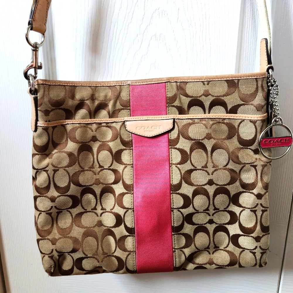 Coach Brown and Pink Signature Shoulder Bag